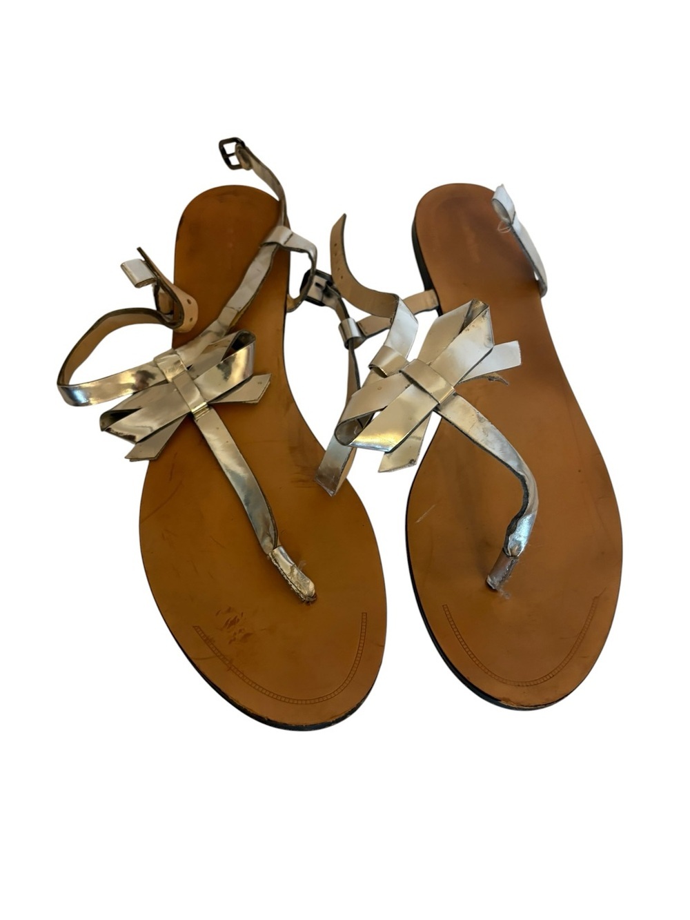 Zara Metallic Silver Bow T-Strap Flat Sandals